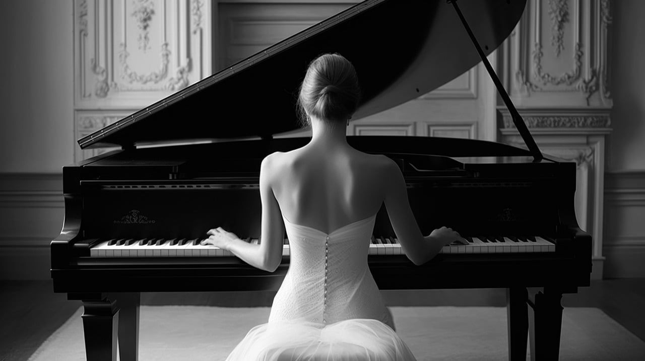 Elegant woman in a white dress playing a grand piano in an ornate room, viewed from behind.